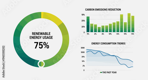 Eco friendly energy charts, renewable usage infographics, carbon emissions reduction graphs, sustainable power statistics