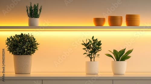 Interior shelving arrangement displays potted greenery illuminated by warm ambient strip lighting