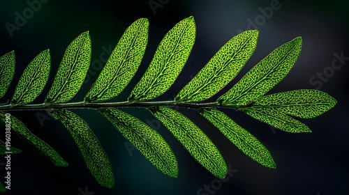 Close-up of a vibrant green leaf with intricate vein patterns reflected on a dark surface.