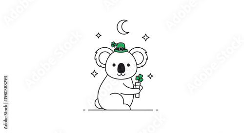 Koala with Shamrock Hat and Bouquet Under Crescent Moon.