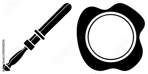 Barista tool set including tamper and portafilter basket, coffee preparation equipment, espresso machine accessories, black silhouette vector.