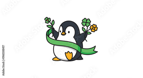 Lucky Penguin with Clovers and Green Ribbon Illustration.