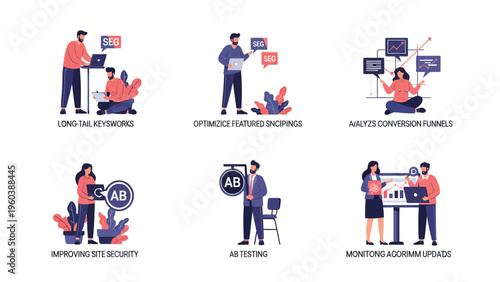 Digital Marketing & SEO Strategy Illustrations. Web optimization, analytics, A/B testing, keywords, site security, algorithm updates concepts.