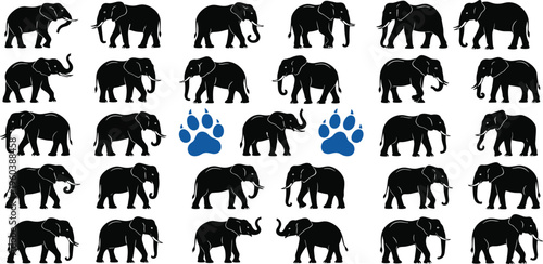 Find the difference puzzle game with a seamless pattern of black elephant silhouettes and two odd blue animal paw prints, a conceptual vector illustration.