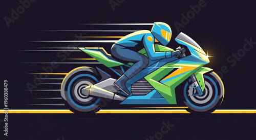 Motorcyclist in blue and green racing suit speeding on vibrant green motorcycle with motion blur on dark background