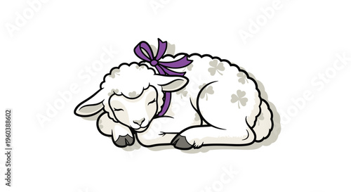 Sleeping Lamb with Purple Ribbon Illustration.