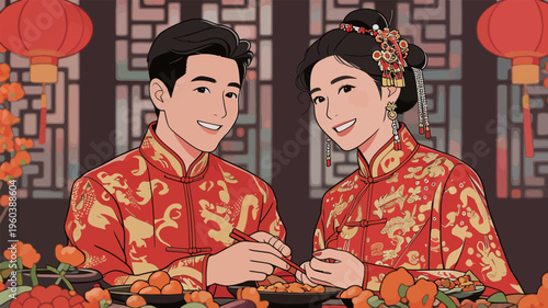 Couple in traditional clothing enjoys festive meal during Chinese New Year celebration in a decorated dining room