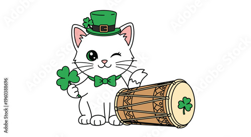 St. Patricks Day Cat with Shamrock and Drum Illustration.