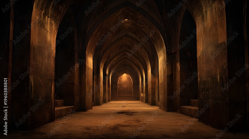 Obraz premium Ancient Stone Corridor with Arched Ceilings and Dim Lighting.