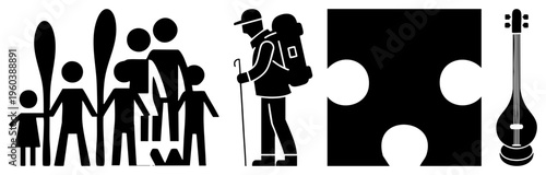 Minimalist black showing family with skis, hiker with backpack, jigsaw puzzle, and stringed instrument, flat vector symbols for design or UI.