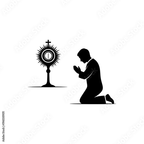 Prayer Man Kneeling in Reverence Before Sacred Monstrance Silhouette