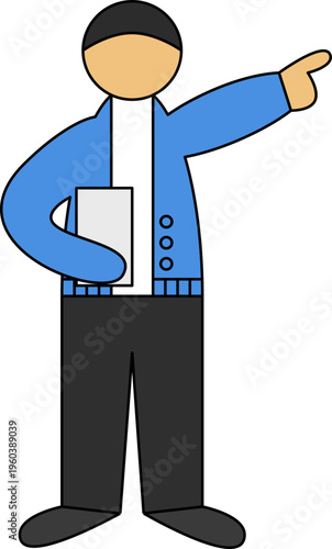 Flat vector illustration of a man in a cardigan holding a folder and pointing toward a direction