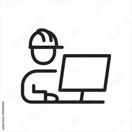 Engineer with computer, linear icon. Technical support and diagnostics. Line with editable stroke.