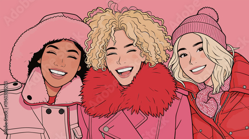 Three women smile together in bright winter clothing against a pink background during a joyful moment