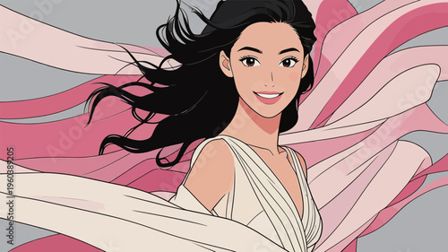 Woman in flowing dress with long dark hair poses with pink ribbons in background during sunny day