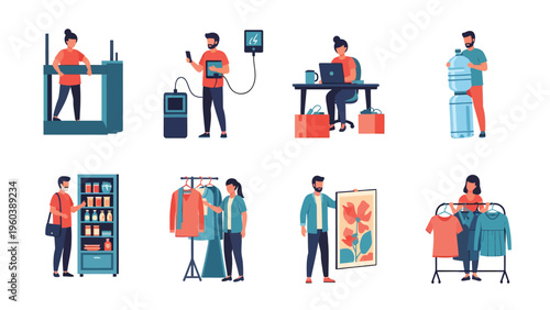 Everyday Life Activities Flat Illustrations: People Working, Using Tech, Shopping, and Performing Daily Tasks