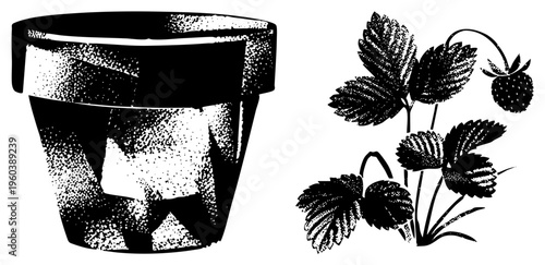 Halftone illustrated strawberry plant with leaves and fruit, ceramic flower pot, gardening clipart, botanical vector art, design.