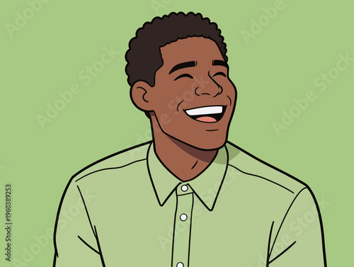 Man smiles while wearing a light green shirt in front of a simple green background during a casual moment