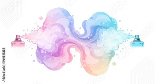 Colorful perfume bottles spraying fragrant mist vibrant swirling clouds of pink purple blue and green hues on white background symbolizing
