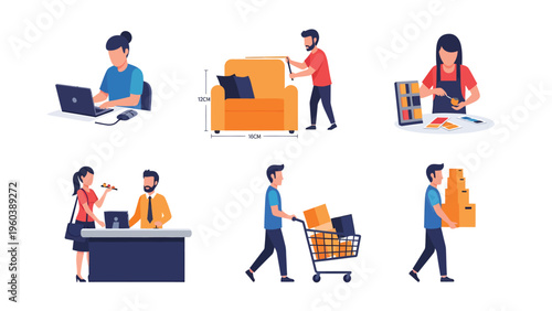 Flat Design Vector Set: Daily Life Activities, Work, Shopping, Customer Service, Home Improvement, and Logistics Tasks.