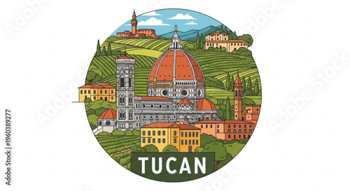 Vibrant illustration of florence cityscape with terracotta rooftops and lush green hills