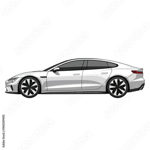 Sleek White Four-Door Sports Sedan Car, Modern Automotive Design with Aerodynamic Lines and Alloy Wheels, Vector Illustration