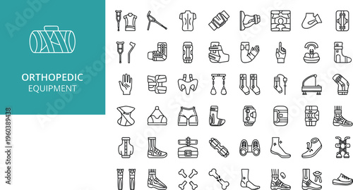 Large collection of orthopedic equipment line icons set featuring medical support braces crutches bandages prosthetic limbs bone health and rehabilitation therapy vector symbols.
