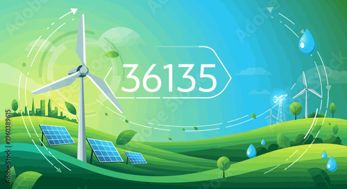 Eco friendly energy, sustainable power, green technology, renewable resources, solar and wind farm