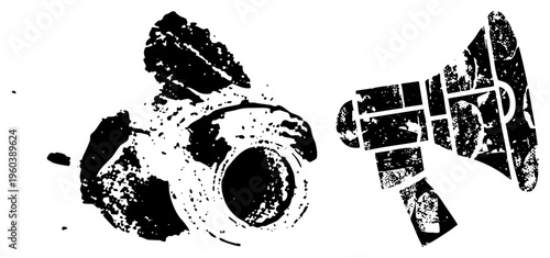 Retro camera and megaphone silhouettes with grunge texture, vector symbols for and, isolated graphic elements, distressed design.