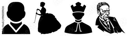 Abstract black vector including monk, lady with cane, clergyman, and detailed portrait man, minimalist flat design, symbolic representation, graphic illustration.