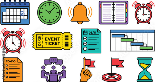 Time management productivity icons set calendar clock schedule reminder deadline planner checklist task organization business workflow symbols collection
