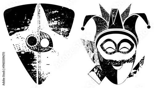 Two stylized carnival masks, one tragic and one jester, rendered in black and white with gritty halftone grain, ideal for print or graphic design projects.