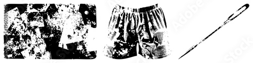 Abstract fabric designs, classic boxer shorts with halftone texture, vintage sewing, vector art, graphic design elements.