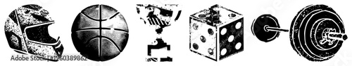 Athletic gear and game symbols in halftone style, including helmet, basketball, trophy, die, barbell vector for sports and gaming themes.