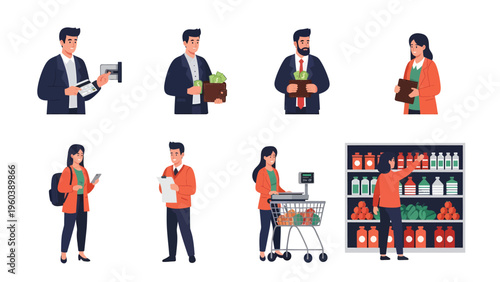 Diverse People Shopping, Banking & Retail Activities. Flat vector illustrations of consumers, finance & business tasks.