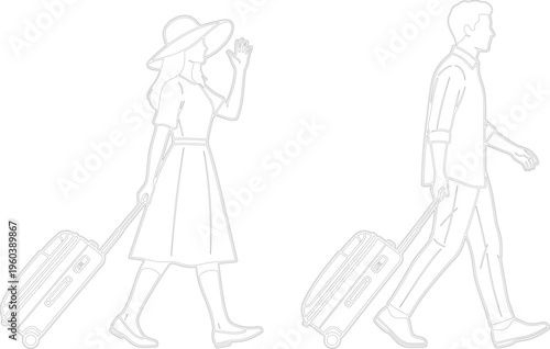 Black line illustration showing travelers walking with wheeled suitcases, depicting tourism, airport journey, vacation travel, and lifestyle artwork concept for design and decor