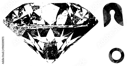 Graphic design featuring a distressed diamond cut with halftone shading, paired with abstract U shape and ring forms, vector art, isolated elements.