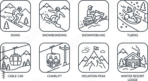 Winter sports line icons set with skiing snowboarding snowmobile tubing cable car and mountain resort vector illustration collection