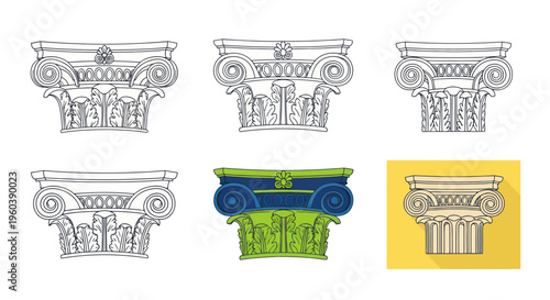 Ionic Column Capitals: Hand-Drawn Sketches and Colorful Vector