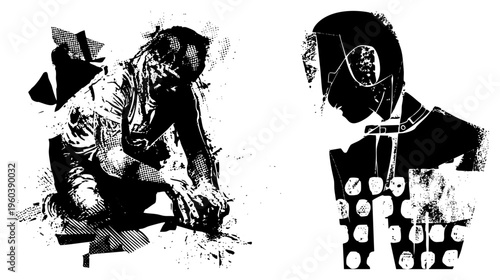 Graphic vector art of two fragmented human forms, one crouching, one standing, rendered in stark halftone and stencil styles, evoking decay and isolation.