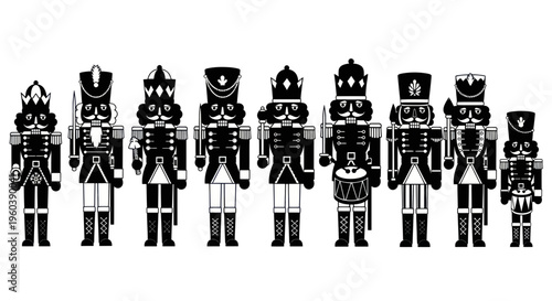 Set of Black and White Nutcracker Soldiers Silhouette on White Background