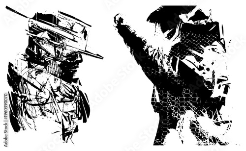 Stylized warrior and rebel characters, halftone texture, black and white vector art, dynamic poses, gritty aesthetic, isolated figures.