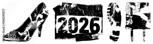 Grunge style 2026 calendar graphic with high heel shoe, footprint, and walking stick, vector design for fashion or travel themes.