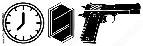 Timekeeping clock, protective shield, firearm, minimalist vector symbols, security and urgency motifs, isolated glyph set.