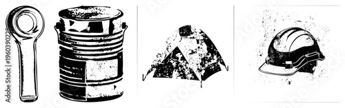 Set of four vector industrial coupling, metal paint can, camping tent, safety helmet all rendered in halftone style with distressed texture.