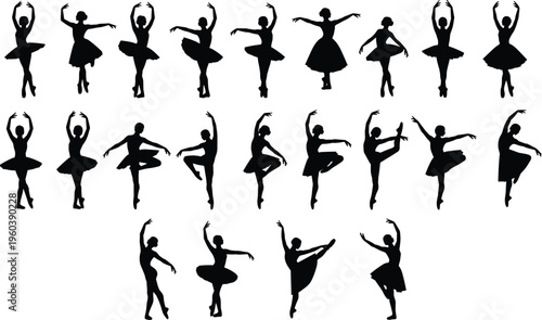 Quadro em tela Minimalist vector illustration of ballet dancer silhouettes in classical poses,