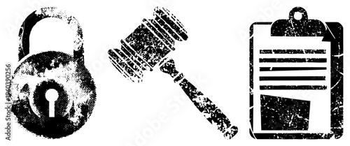 Grunge style of padlock, gavel, and clipboard symbolizing legal security, contract enforcement, and official records. halftone texture with distressed edges.