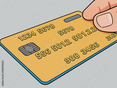 Hand holding a yellow credit card with black numbers and a chip against a gray background