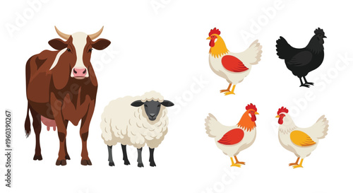 Farm animals including a cow sheep chickens and a black hen