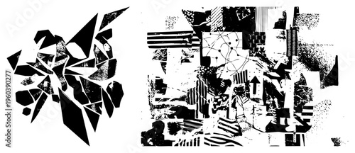 Broken angular shapes forming abstract, halftone textures, graphic design elements, vector art, modernist collage, digital print, stark aesthetic.